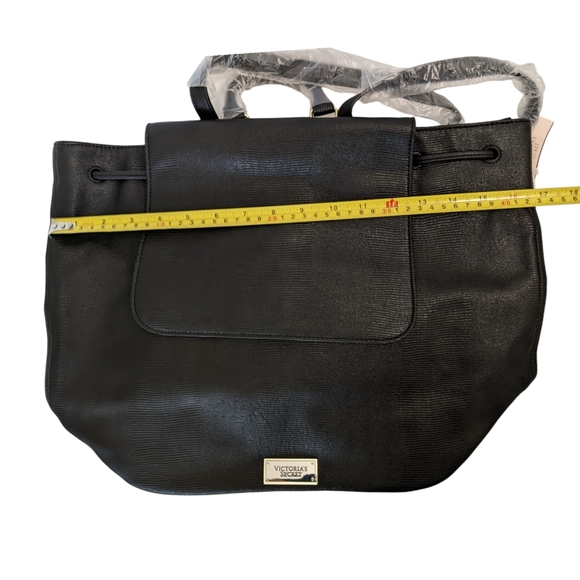 NWT Victoria's Secret Backpack Purse Black Faux Leather Drawstring Bag Large - Picture 8 of 9
